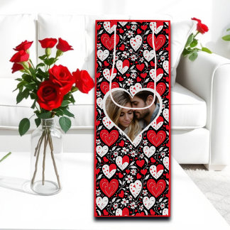 Sac Cadeau Pour Bouteille Coeurs et fleurs Photo personnalisée Saint Valenti
