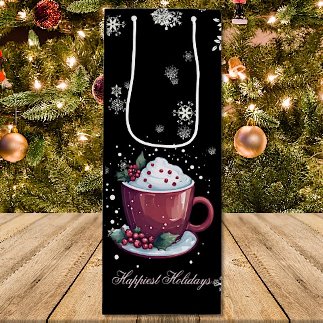 Sac Cadeau Pour Bouteille Coupe de Noël de chocolat chaud (Christmas Cup of Hot Chocolate Wine Gift Bag)
