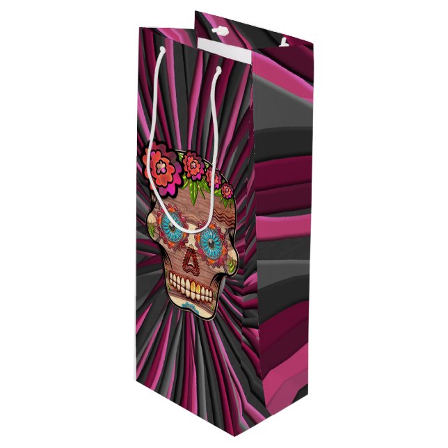 Sac Cadeau Pour Bouteille Crâne de sucre en bois sculpté avec couronne fleur (Devant Angle)