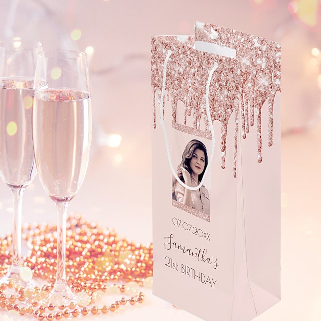 Sac Cadeau Pour Bouteille Custom Phobithday rose gold glitter pink (Créateur téléchargé)