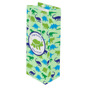 Sac Cadeau Pour Bouteille Cute Dinosaur Baby shower Dino Blue et Green Boy