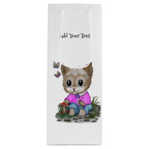 Sac Cadeau Pour Bouteille Cute Kitty Chat et Papillon