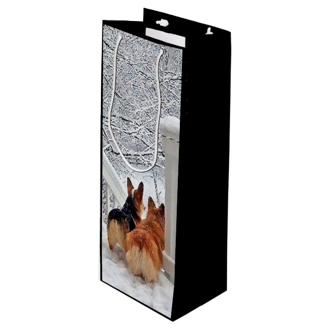 Sac Cadeau Pour Bouteille Deux Corgis en hiver (Devant Angle)