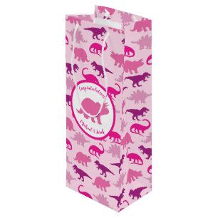 Sac Cadeau Pour Bouteille Dinosaur Baby shower Dino Rose Girl