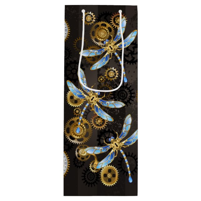 Sac Cadeau Pour Bouteille Dragonflies de Steampunk sur arrière - plan rayé b (Devant)