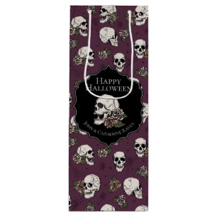 Sac Cadeau Pour Bouteille Elégant Maroon Purple Crânes Florales Halloween