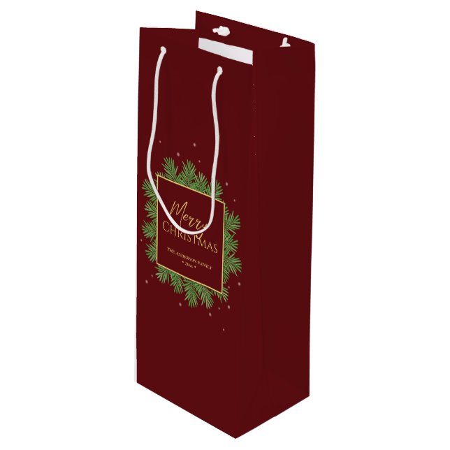 Sac Cadeau Pour Bouteille Élégant Moderne Rouge Bourgogne Noël Botanique (Devant Angle)
