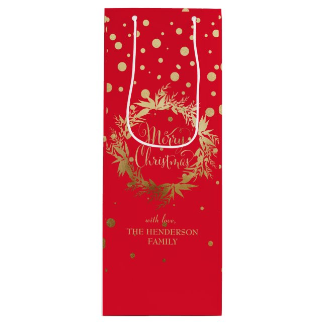 Sac Cadeau Pour Bouteille Élégant or rouge Joyeux couronne de Noël (Devant)