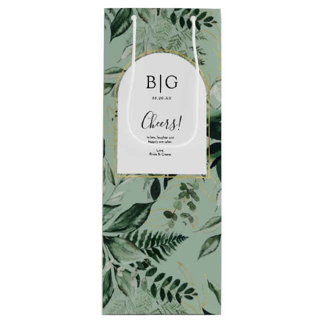Sac Cadeau Pour Bouteille Elégant Sage Green Botanique mariage vin (Devant)