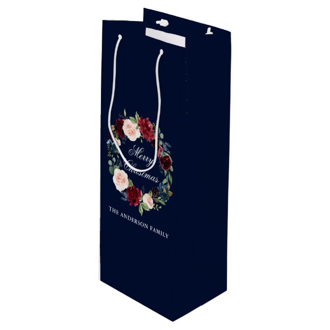 Sac Cadeau Pour Bouteille Elégante aquarelle fleurie couronne Joyeux Noël (Devant Angle)