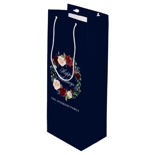 Sac Cadeau Pour Bouteille Elégante aquarelle fleurie Wreath Joyeuses vacance (Devant Angle)