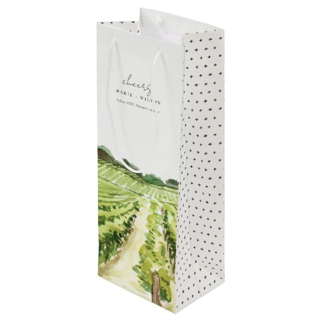 Sac Cadeau Pour Bouteille Elégante aquarelle Green Winery Vignoble Mariage (Dos Angle)