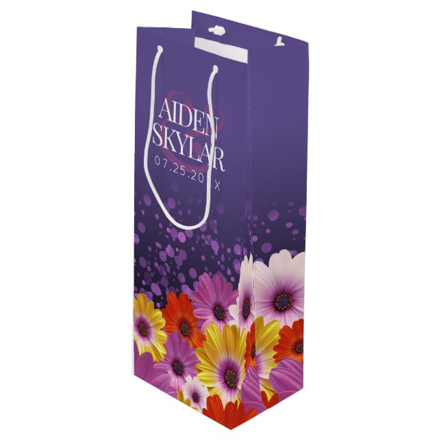 Sac Cadeau Pour Bouteille Élégantes marguerites avec Mariage à Parties scint (Devant Angle)