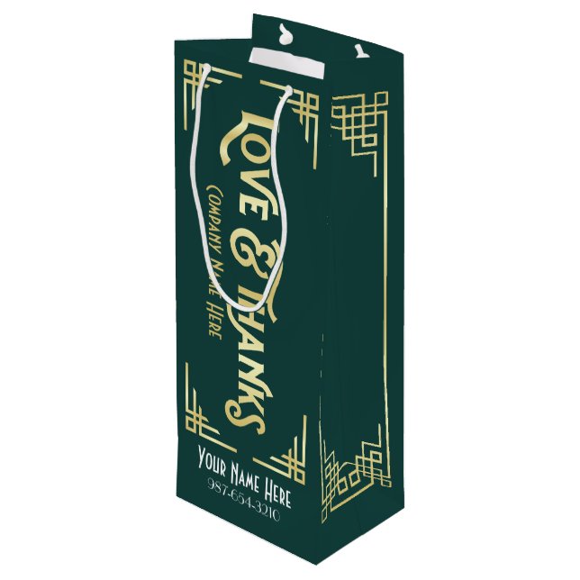 Sac Cadeau Pour Bouteille Entreprise Art Déco Amour & Merci Gold Green Gatsb (Dos Angle)