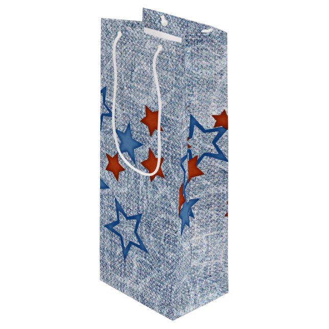 Sac Cadeau Pour Bouteille Étoiles sur Denim (Devant Angle)
