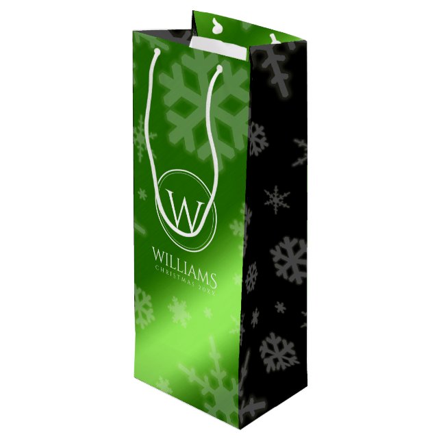 Sac Cadeau Pour Bouteille Festif Green Foil Snowflakes Nom du monogramme (Dos Angle)