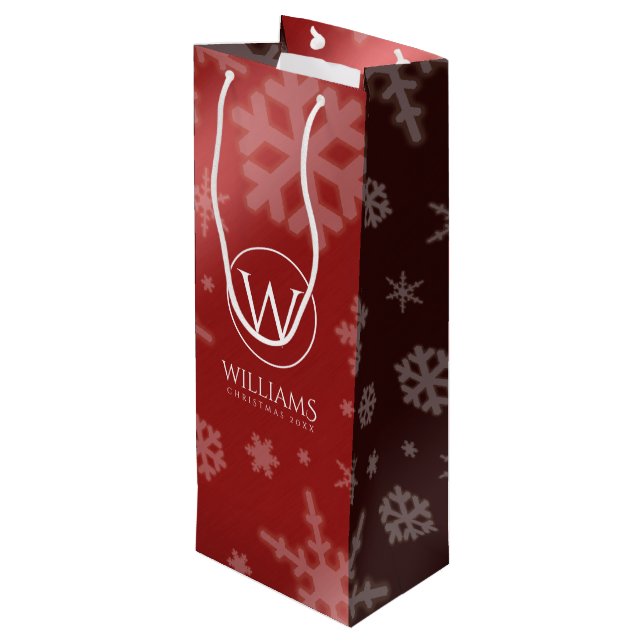 Sac Cadeau Pour Bouteille Festif Red Foil Snowflakes Nom du monogramme (Dos Angle)