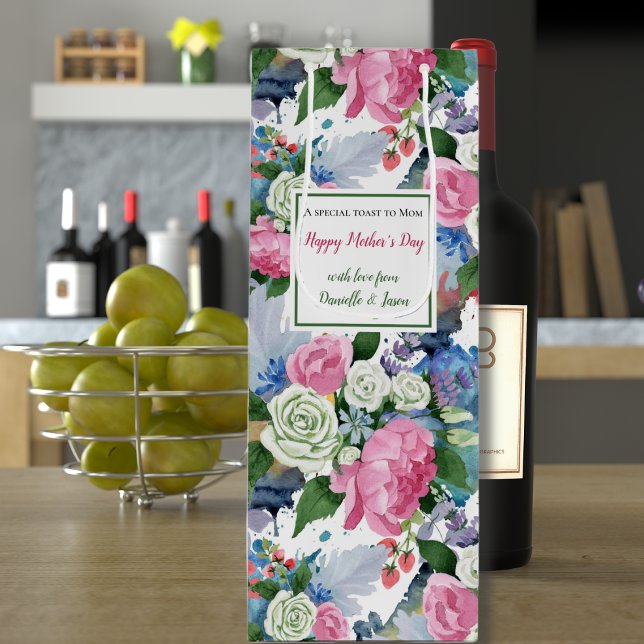Sac Cadeau Pour Bouteille Fête des mères de l'aquarelle florale (Créateur téléchargé)