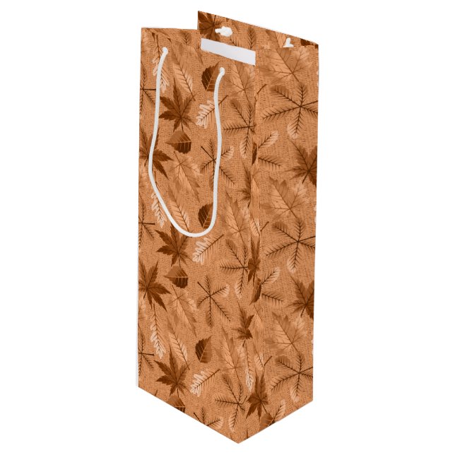 Sac Cadeau Pour Bouteille FEUILLES D'AUTOMNE Brown ET TAN (Devant Angle)