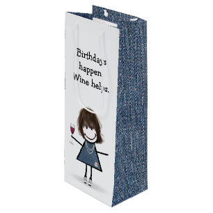 Sac Cadeau Pour Bouteille Figure Anniversaire fille avec verre à vin
