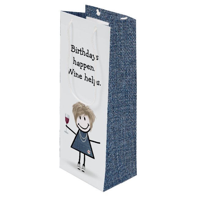Sac Cadeau Pour Bouteille Figure Anniversaire fille avec verre à vin (Devant Angle)