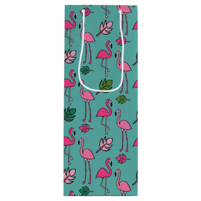 Sac Cadeau Pour Bouteille Flamant rose en bleu (Devant)