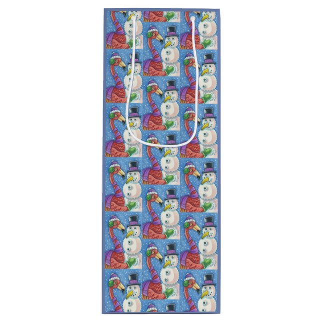 Sac Cadeau Pour Bouteille Flamant rose ROSE SNOWMAN CHRISTMAS CADEAU - VIN (Devant)