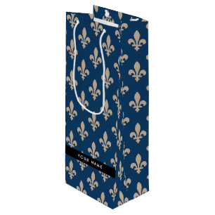 Sac Cadeau Pour Bouteille Fleur de Lis, Beige sur Bleu Nuit, Royal, Votre No