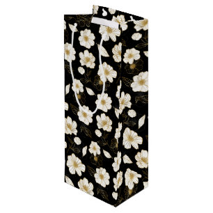 Sac Cadeau Pour Bouteille Fleurs blanches et or sur noir