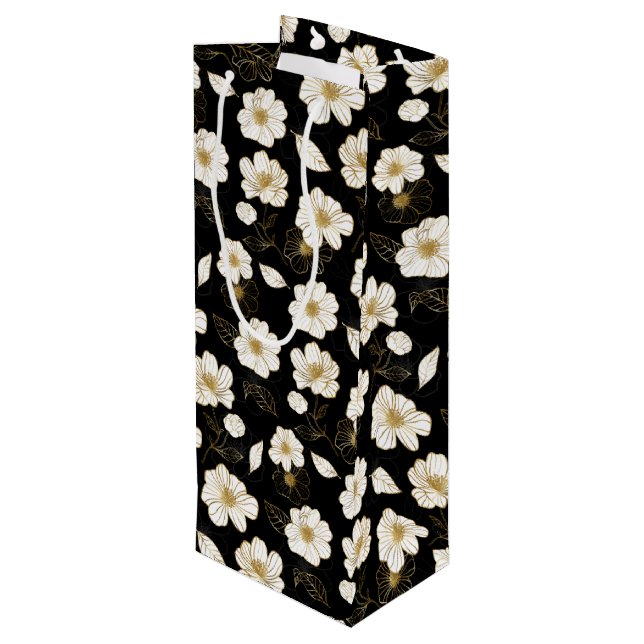 Sac Cadeau Pour Bouteille Fleurs blanches et or sur noir (Dos Angle)