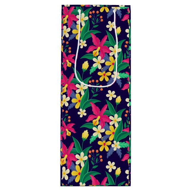 Sac Cadeau Pour Bouteille Fleurs Exotiques Colorées Motif Feuilles-23021 (Devant)