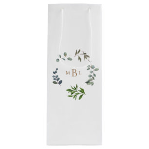 Sac Cadeau Pour Bouteille Foliage et or Monogramme Blanc Mariage élégant