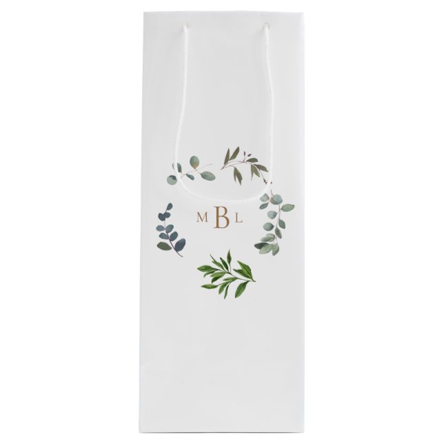 Sac Cadeau Pour Bouteille Foliage et or Monogramme Blanc Mariage élégant (Devant)
