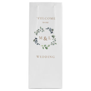 Sac Cadeau Pour Bouteille Folio & Monogramme or Mariage blanc Bienvenue