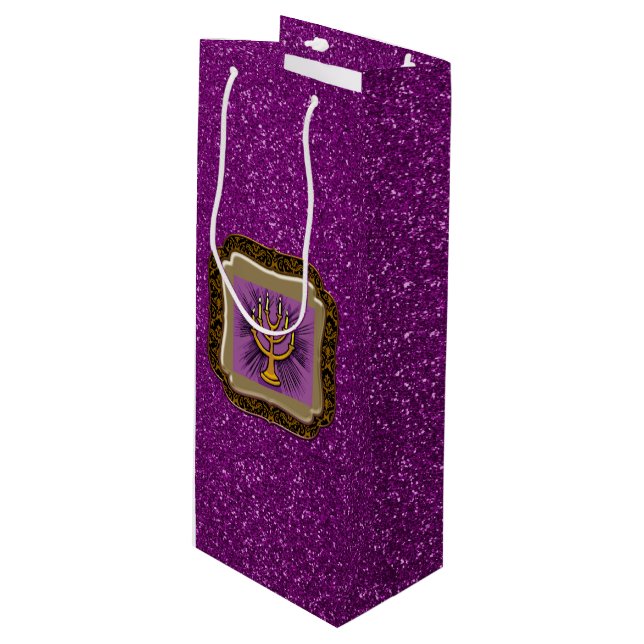 Sac Cadeau Pour Bouteille Frame Menorah Jaune Parties scintillant Faux Viole (Devant Angle)