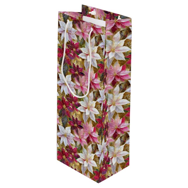 Sac Cadeau Pour Bouteille Gold Burgundy Bronze rose Rouge blanc Poinsettia (Devant Angle)