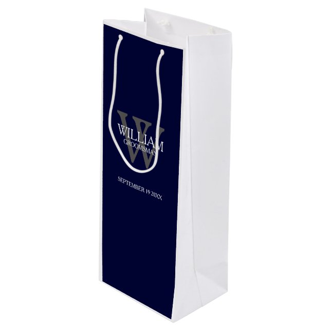 Sac Cadeau Pour Bouteille Groomsman Cadeau Personnalisé Marine moderne bleu (Devant Angle)