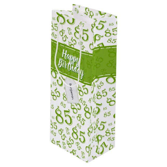 Sac Cadeau Pour Bouteille Happy 85th Birthday Numéro Motif Vert/Blanc (Devant Angle)