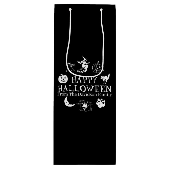 Sac Cadeau Pour Bouteille Happy Halloween nom personnalisé noir éffrayant (Devant)