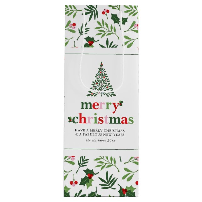 Sac Cadeau Pour Bouteille Holly Joyeux Noël Fun brillant (Devant)