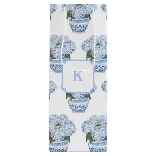 Sac Cadeau Pour Bouteille Hortensias bleus dans un pot de style chinoiserie