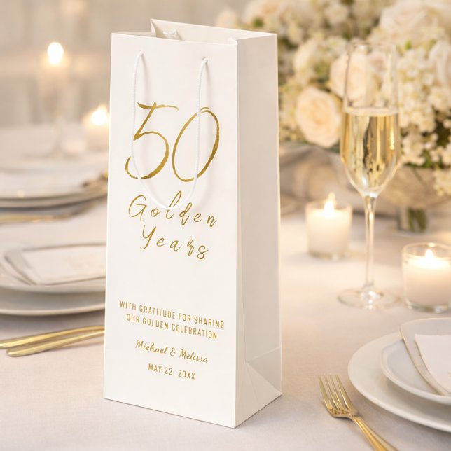 Sac Cadeau Pour Bouteille Ivory Gold 50th Golden Years Anniversary  (Elegant wine gift bag styled for a golden 50th wedding anniversary celebration)