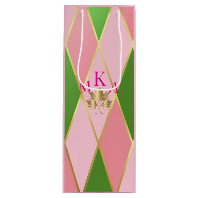 Sac Cadeau Pour Bouteille Jacquard rose et vert personnalisable (Devant)