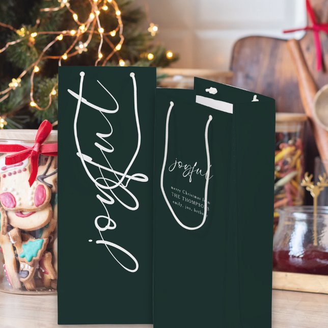 Sac Cadeau Pour Bouteille Joyeuse calligraphie Joyeux Noël Nom Vert (Front and back view bottle gift bag)