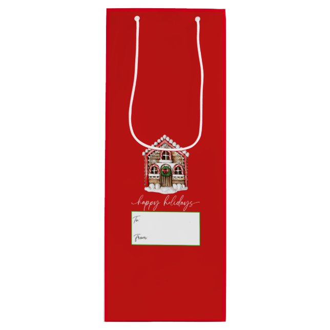 Sac Cadeau Pour Bouteille Joyeuses fêtes Gingerbread Maison Noël Rouge (Devant)