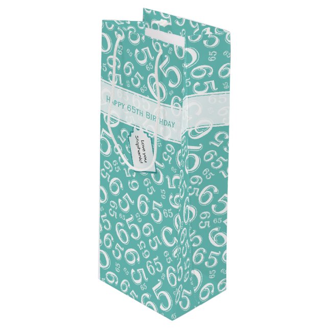 Sac Cadeau Pour Bouteille Joyeux 65e anniversaire Numéro Motif Turquoise et  (Devant Angle)