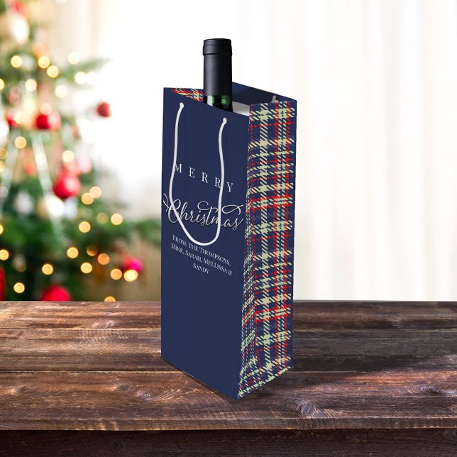 Sac Cadeau Pour Bouteille Joyeux Noël Calligraphie Script Navy Blue Plaid (Merry Christmas navy blue plaid wine gift bag.)