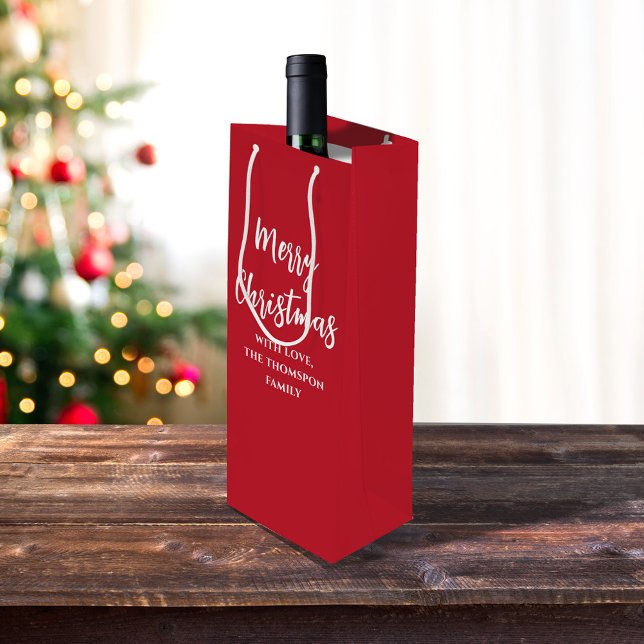 Sac Cadeau Pour Bouteille Joyeux Noël Calligraphie Script Simple Rouge (Merry Christmas white calligraphy script simple red wine gift bag)