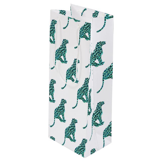 Sac Cadeau Pour Bouteille Léopard noir et Turquoise (Devant Angle)