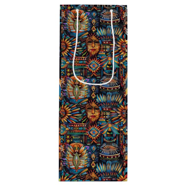 Sac Cadeau Pour Bouteille Luxueux Cyan "Tapisserie pré-colombienne" Vin Carr (Devant)